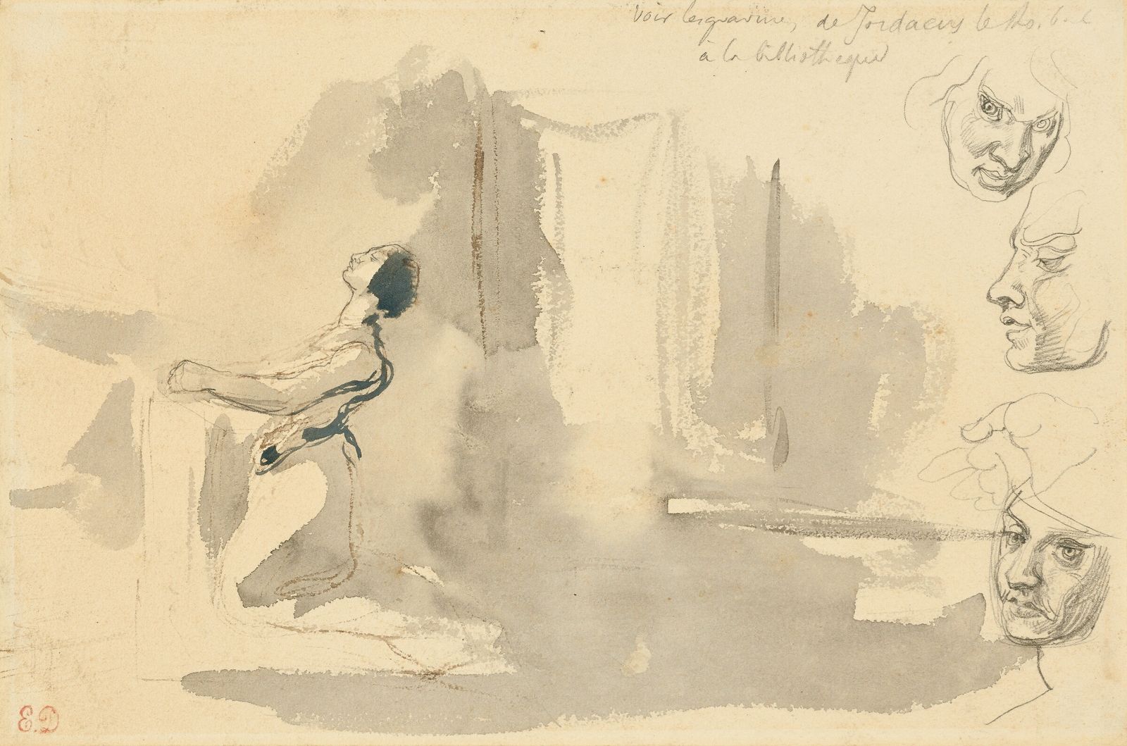Marguerite in the church with studies of the head of Mephistopheles by Eugène Delacroix